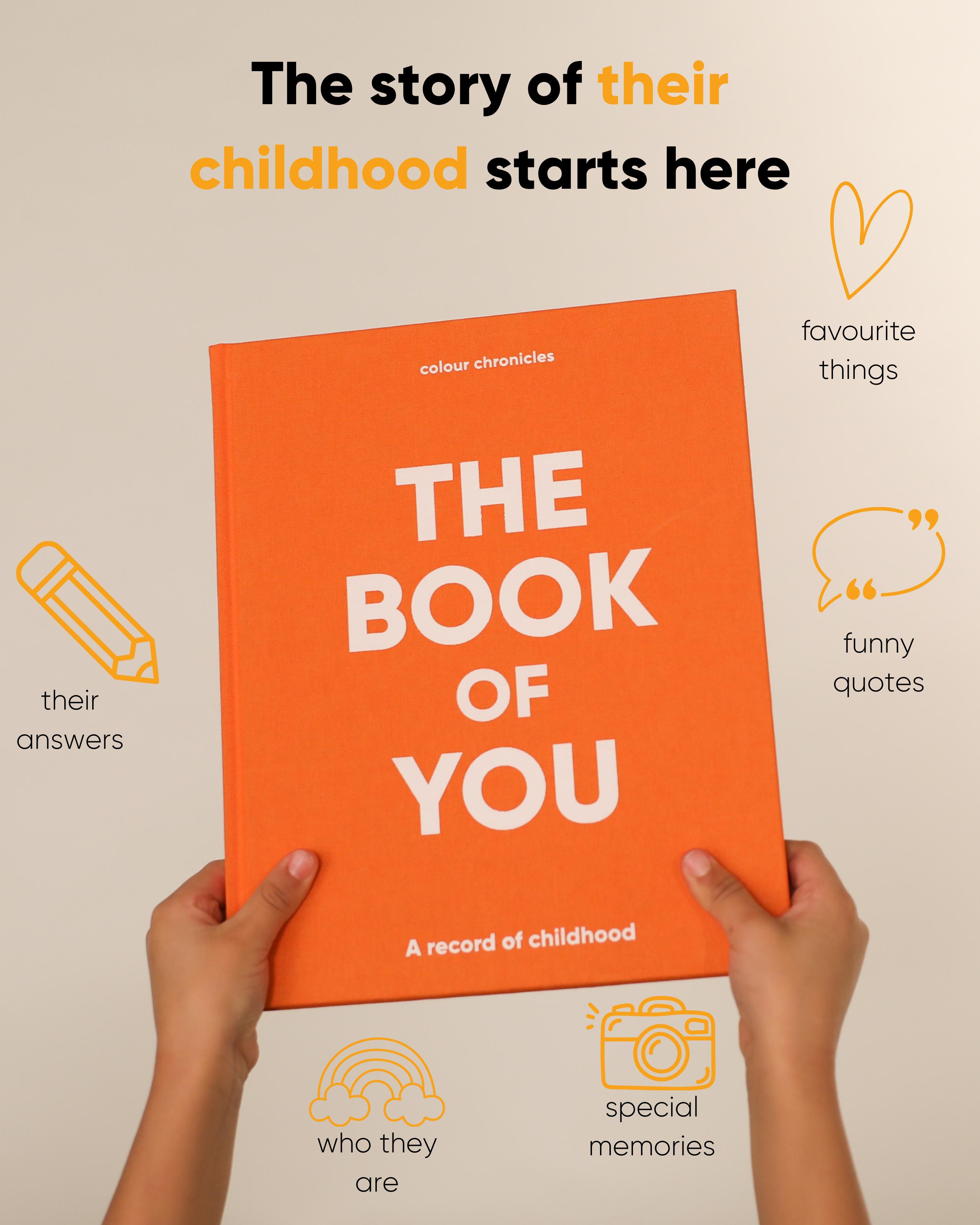 The Book of You in orange being held up by a child's hands with features of the book written around it