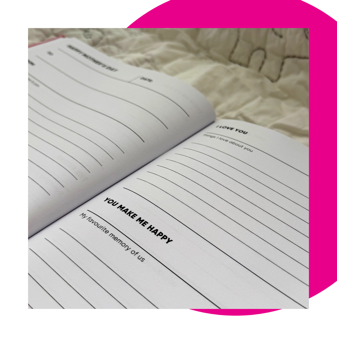 Mother's Day keepsake book shown open with entry for children to write to their mummy each year on Mother's Day