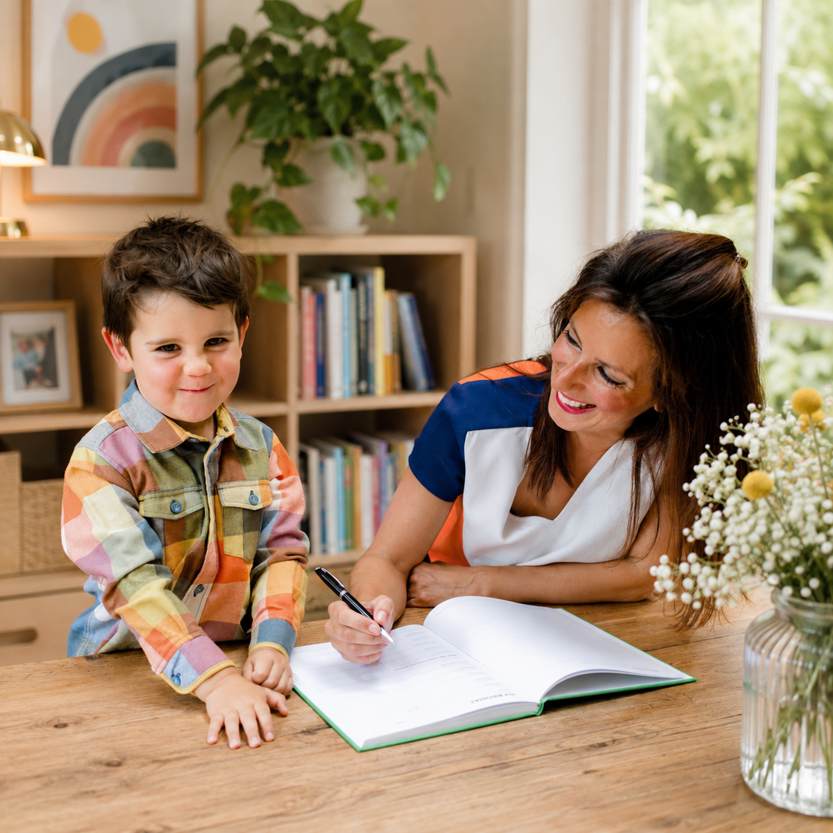 Mother and child recording memories in The Book of You childhood memory book