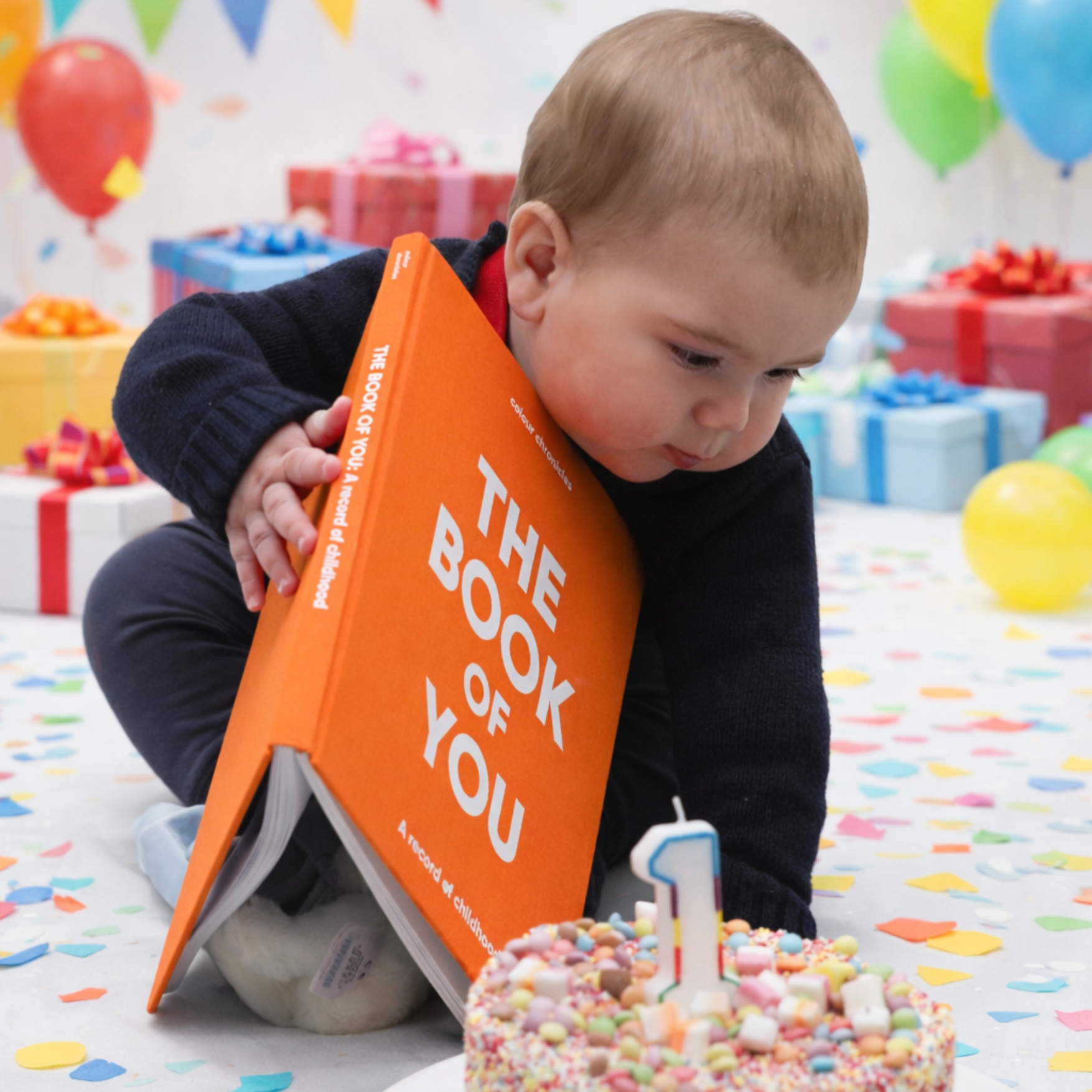 A baby on their first birthday with a cake and The Book of You in orange