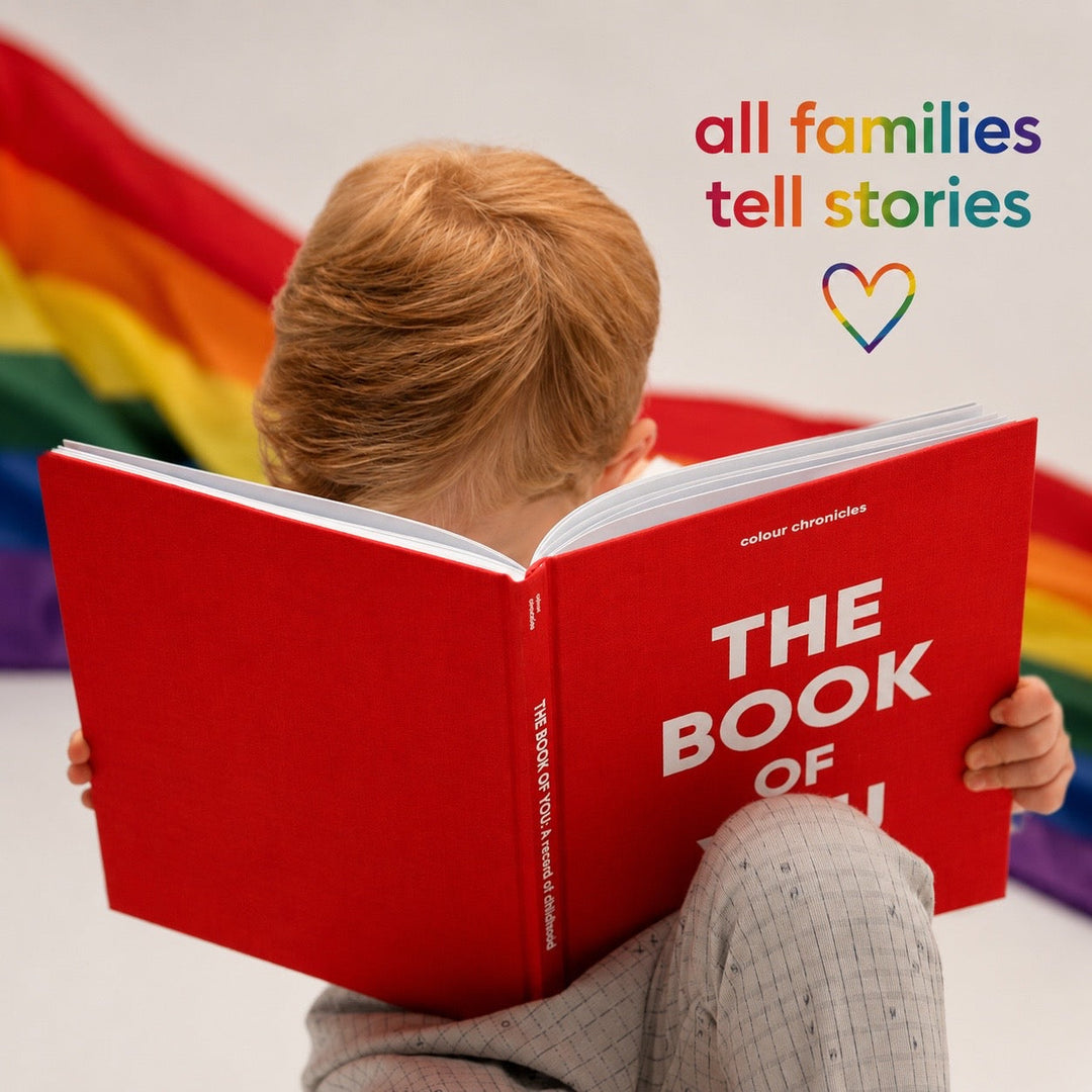 The Book of You in red being read by a small child and the caption all families tell stories